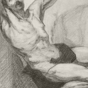 Graphite drawing detail depicting the torso of an older man about to be crucified by Maurilio Milone