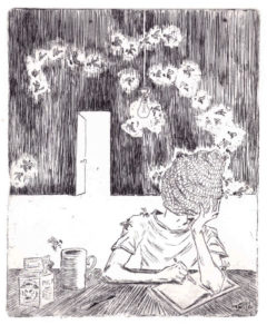Etching of a boy whose head is a bee hive is sitting at a table, a pen in in his hand, he's about to write something while bees come out of the hive of his head, by Maurilio Milone