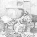 Graphite drawing of a painting by Carbonero, depicting the Prince Carlos de Viana, sitting on a throne, reading old books while his dog laps at his feet, by Maurilio Milone