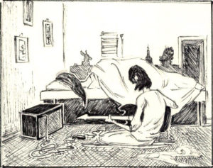 Drawing of a young man, sitting crossed legged on the floor, playing a guitar while a woman sleeps on a bed, by Maurilio Milone