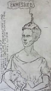 Etching detail of a young lady holding a puppy, her hair becomes smokes which becomes a comic book balloon with the words "Enmeshed" in it by Maurilio Milone
