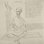 Graphite drawing of a lady, sitting cross legged on carpet, holding a puppy in her arms, sourrounded by text
