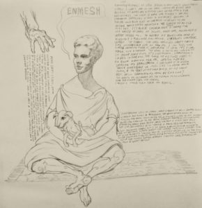 Graphite drawing of a lady, sitting cross legged on carpet, holding a puppy in her arms, sourrounded by text