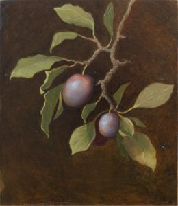 Oil painting of a plum tree branch on wooden panel