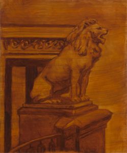 Oil painting on wooden board of a lion statue.