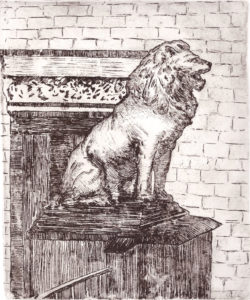 Soft-ground etching depicting a roaring lion statue by Maurilio Milone