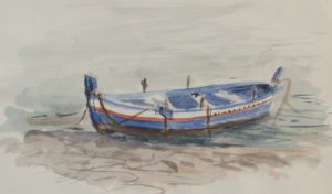 An old wooden fisherman's boat floats on the sea