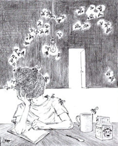Drawing of a boy whose head is a bee hive is sitting at a table, a pen in in his hand, he's about to write something while bees come out of the hive of his head, by Maurilio Milone