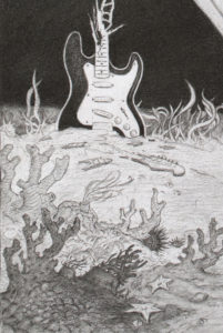 Drawing of DNA strands coming out of an exploding guitar at the bottom of the sea by Maurilio Milone