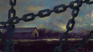 Digital painting, a barn and a field seen through a foreground of chains by Maurilio Milone